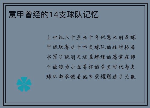 意甲曾经的14支球队记忆