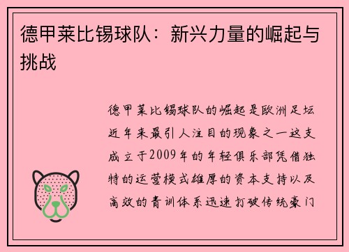 德甲莱比锡球队：新兴力量的崛起与挑战